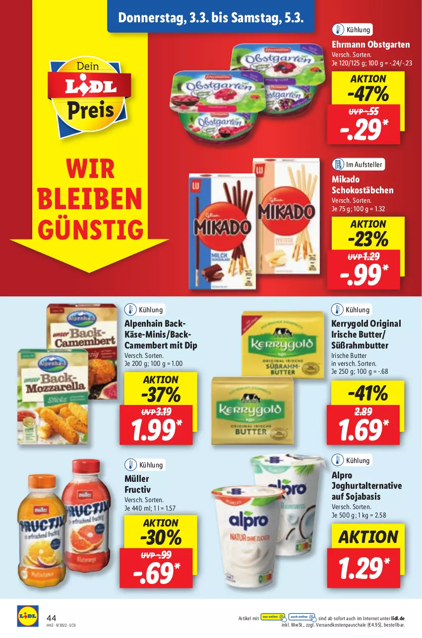 Aktueller Prospekt Lidl - Aktionsprospekt - von 28.02 bis 05.03.2022 - strona 44 - produkty: Alpenhain, alpro, butter, camembert, dip, ehrmann, elle, Garten, gin, irische butter, joghur, joghurt, Käse, kerrygold, mikado, Müller, ndk, obst, obstgarten, Schal, Schale, schoko, Schokostäbchen, soja, Süßrahmbutter, teller, Ti