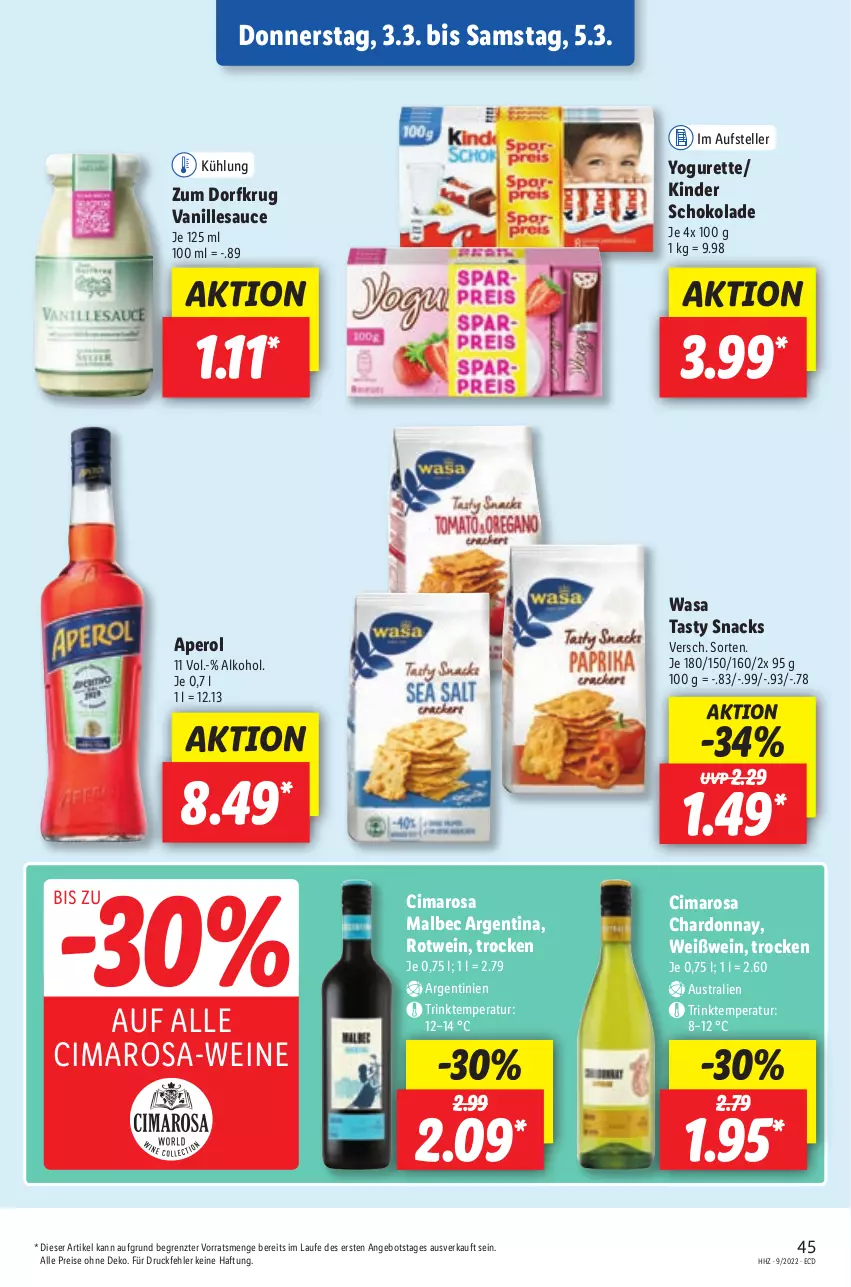 Aktueller Prospekt Lidl - Aktionsprospekt - von 28.02 bis 05.03.2022 - strona 45 - produkty: alkohol, angebot, aperol, aust, chardonnay, eis, elle, Kinder, kinder schokolade, reis, rotwein, sauce, schoko, schokolade, snack, snacks, teller, Ti, vanille, Vanillesauce, wasa, wein, weine, Weißwein, Yo, yogurette, ZTE, Zum Dorfkrug