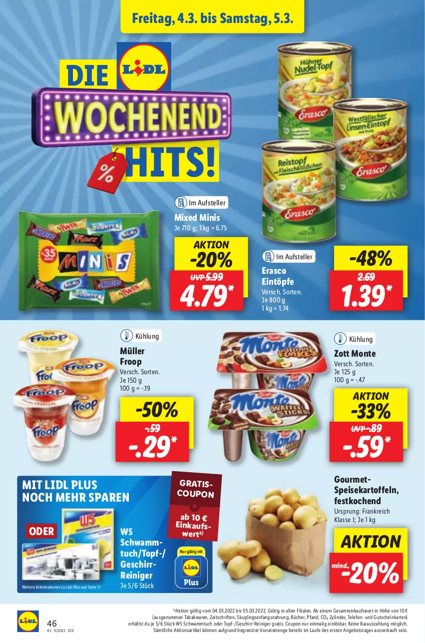 Aktueller Prospekt Lidl - Aktionsprospekt - von 28.02 bis 05.03.2022 - strona 46 - produkty: angebot, coupon, eintöpfe, eis, elle, erasco, froop, geschirr, gutschein, kartoffel, kartoffeln, monte, Müller, müller froop, reiniger, schwamm, Schwammtuch, speisekartoffeln, telefon, teller, Ti, topf, tuc, zott, Zott Monte, ZTE