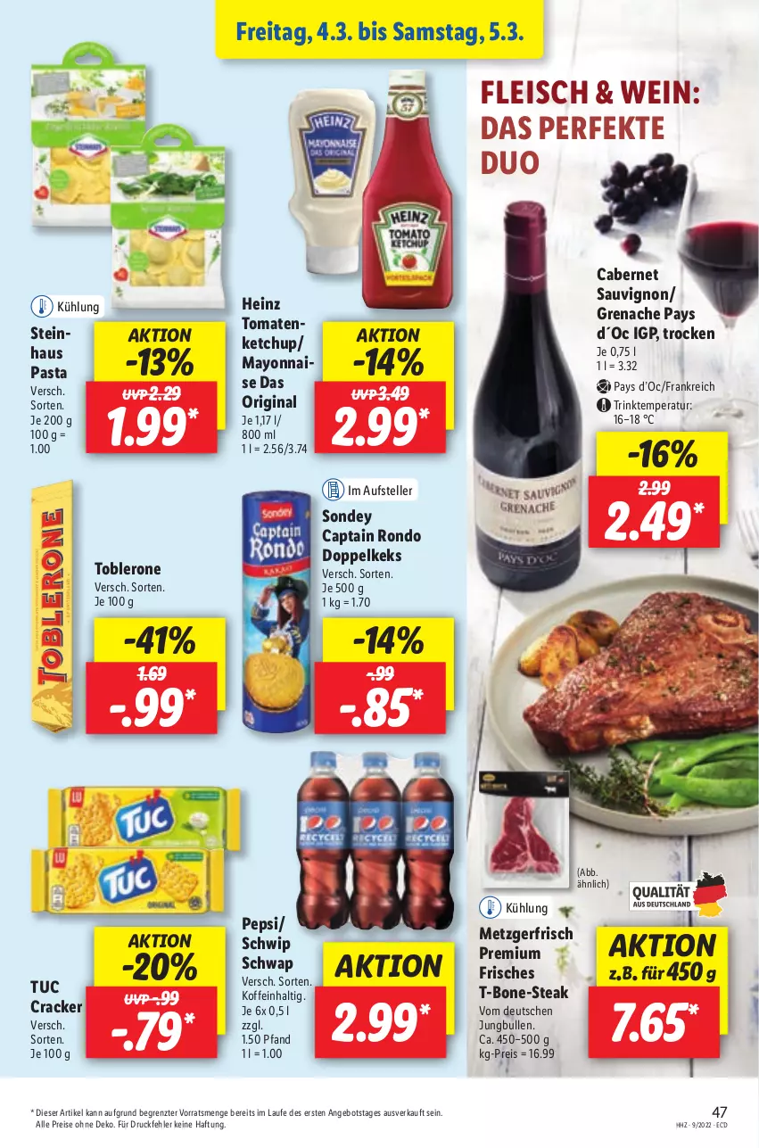 Aktueller Prospekt Lidl - Aktionsprospekt - von 28.02 bis 05.03.2022 - strona 47 - produkty: angebot, cabernet, cabernet sauvignon, Cap, cracker, eis, elle, fleisch, gin, heinz, jungbullen, keks, ketchup, pasta, pepsi, reis, sauvignon, Schwip Schwap, Sondey, steak, teller, Ti, toblerone, tomate, tomaten, tuc, wein, Yo, ZTE