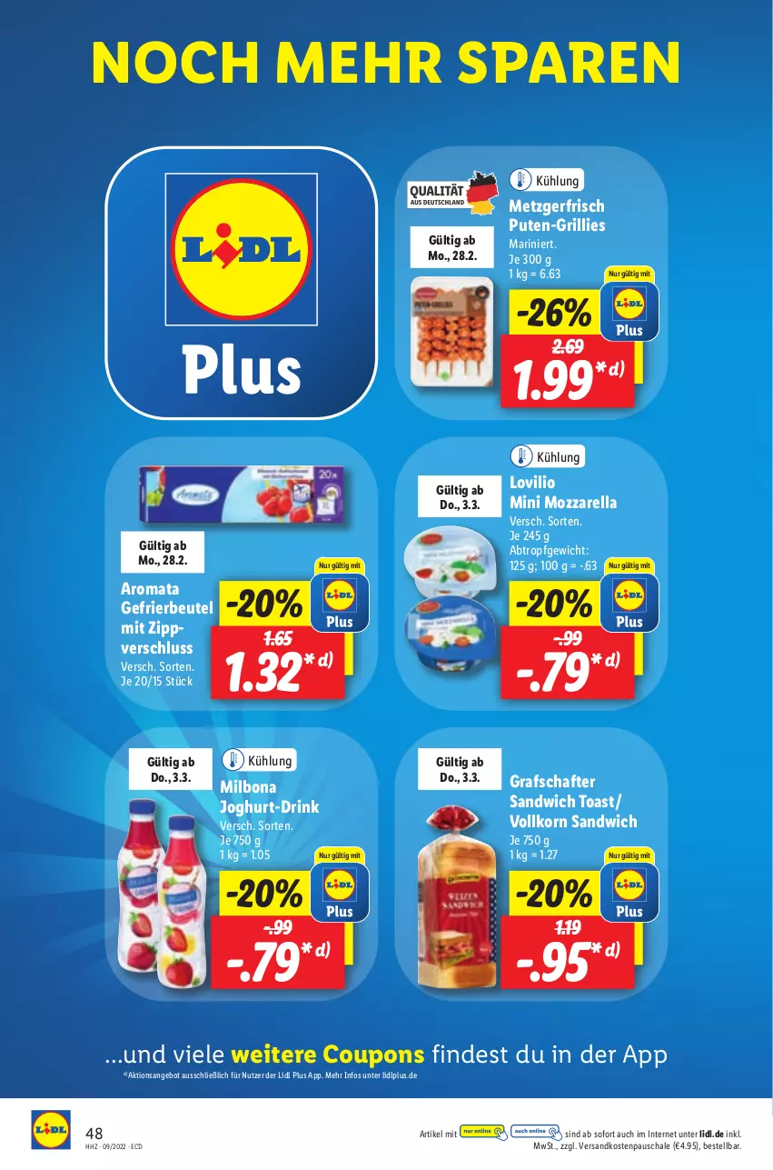 Aktueller Prospekt Lidl - Aktionsprospekt - von 28.02 bis 05.03.2022 - strona 48 - produkty: angebot, beutel, Bona, coupon, coupons, drink, gefrierbeutel, grafschafter, grill, joghur, joghurt, korn, Milbona, mozzarella, ndk, pute, rel, sandwich, Schal, Schale, Ti, toast