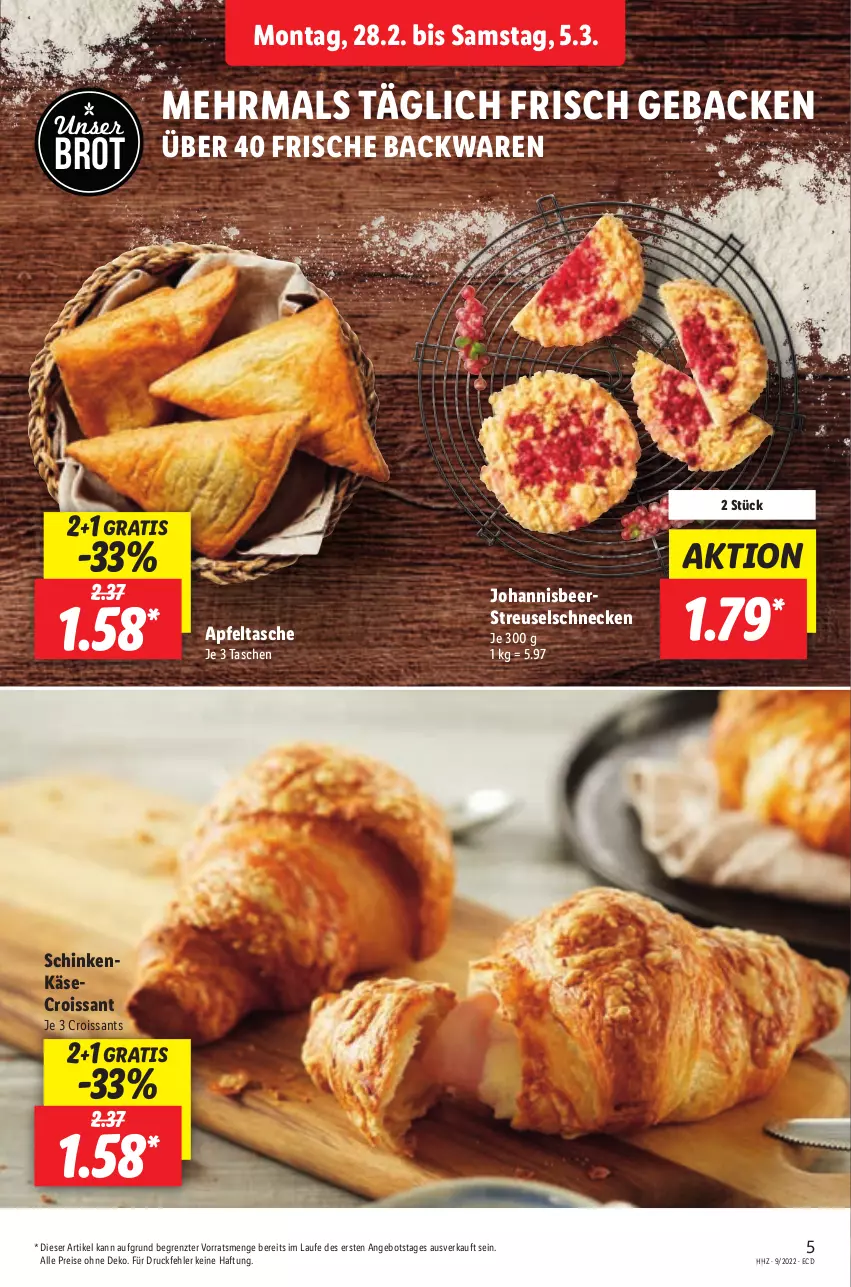 Aktueller Prospekt Lidl - Aktionsprospekt - von 28.02 bis 05.03.2022 - strona 5 - produkty: angebot, apfel, backwaren, brot, Croissant, croissants, eis, geback, Käse, reis, schinken, Tasche, taschen, Ti, ZTE