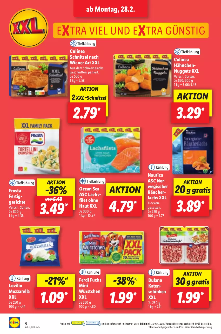 Aktueller Prospekt Lidl - Aktionsprospekt - von 28.02 bis 05.03.2022 - strona 6 - produkty: dulano, eis, ferdi fuchs, filet, frosta, lachs, mozzarella, ndk, nuggets, preisvorteil, reis, rel, salz, Schal, Schale, schinken, schnitten, schnitzel, schwein, schweine, Schweinelachs, Ti, wein, weine, wiener, würstchen