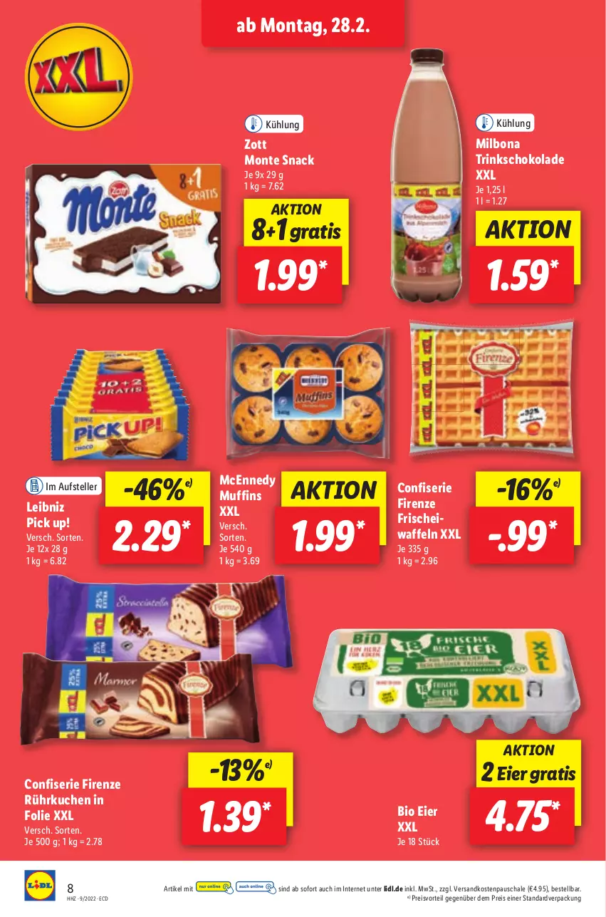 Aktueller Prospekt Lidl - Aktionsprospekt - von 28.02 bis 05.03.2022 - strona 8 - produkty: bio, Bona, eier, eis, elle, kuchen, leibniz, mcennedy, Milbona, monte, Muffin, muffins, ndk, Pick Up!, preisvorteil, reis, Schal, Schale, schoko, schokolade, snack, teller, Ti, waffeln, zott, Zott Monte