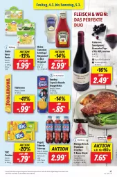 Gazetka promocyjna Lidl - Aktionsprospekt - Gazetka - ważna od 05.03 do 05.03.2022 - strona 47 - produkty: angebot, cabernet, cabernet sauvignon, Cap, cracker, eis, elle, fleisch, gin, heinz, jungbullen, keks, ketchup, pasta, pepsi, reis, sauvignon, Schwip Schwap, Sondey, steak, teller, Ti, toblerone, tomate, tomaten, tuc, wein, Yo, ZTE