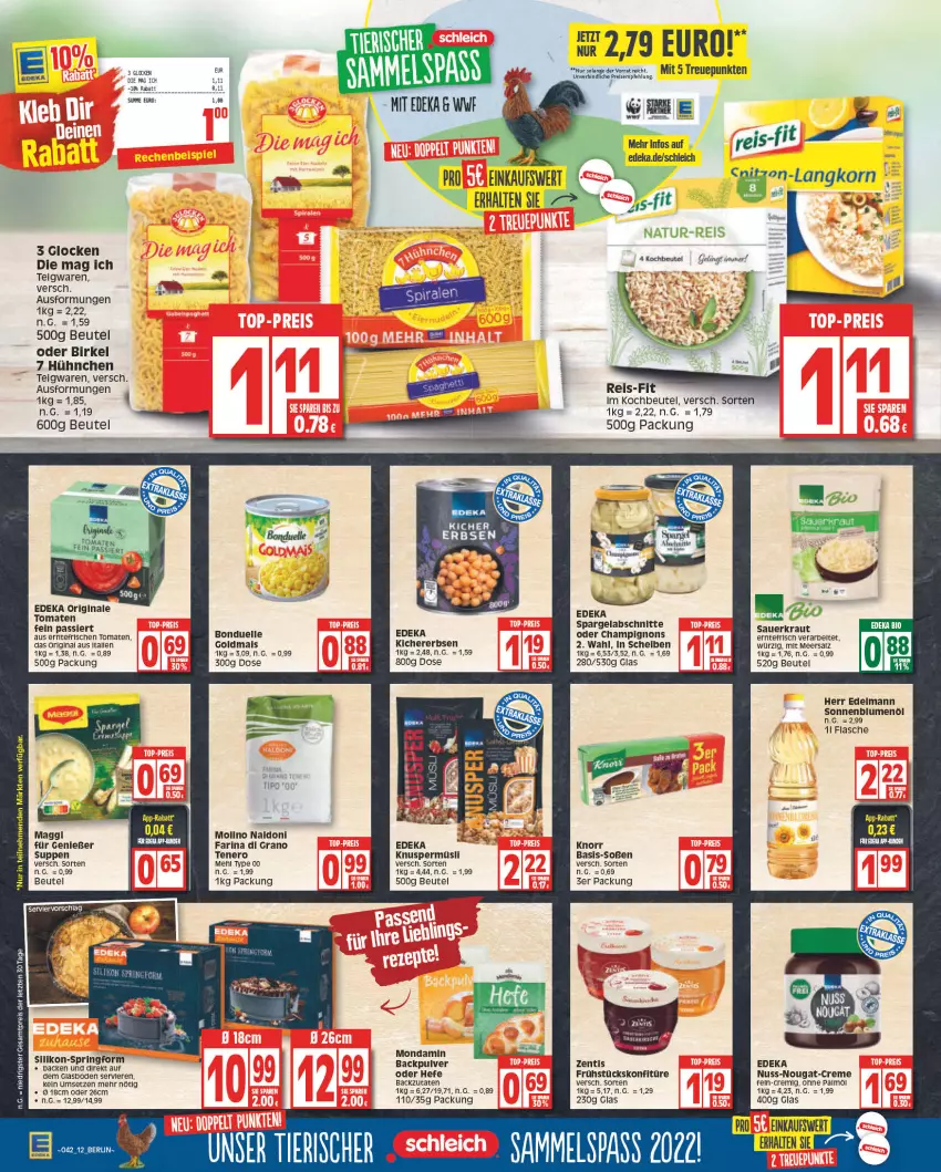 Aktueller Prospekt Edeka - Angebote der Woche - von 10.10 bis 15.10.2022 - strona 12 - produkty: auer, beutel, birkel, blume, blumen, blumenöl, bonduelle, bonduelle goldmais, champignon, champignons, creme, deka, eis, elle, erbsen, flasche, gin, Goldmais, Hefe, kichererbsen, knorr, kochbeutel, konfitüre, korn, Kraut, maggi, mais, meersalz, mehl, mondamin, natur, natur-reis, nero, nuss, nuss-nougat-creme, ohne palmöl, reis, rel, ring, rum, salz, Sauerkraut, Schleich, sonnenblume, sonnenblumen, sonnenblumenöl, Soße, spargel, Springform, suppe, suppen, teigwaren, Ti, tomate, tomaten, zentis, ZTE