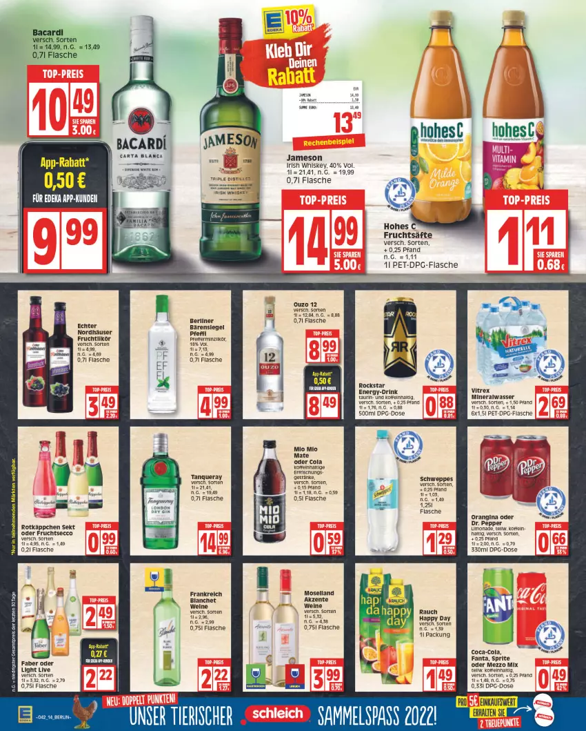 Aktueller Prospekt Edeka - Angebote der Woche - von 10.10 bis 15.10.2022 - strona 14 - produkty: Alwa, bacardi, berliner, coca-cola, cola, drink, ecco, eis, ente, fanta, flasche, frucht, fruchtsäfte, fruchtsecco, getränk, getränke, gin, Happy Day, irish whiskey, jameson, likör, limo, limonade, Mezzo Mix, mineralwasser, Mio Mio, moselland, orangina, ouzo, ouzo 12, pfeffer, pfefferminzlikör, Rauch, reis, Rockstar, rotkäppchen, säfte, sekt, sprite, Ti, vitrex, wasser, wein, weine, whiskey, ZTE