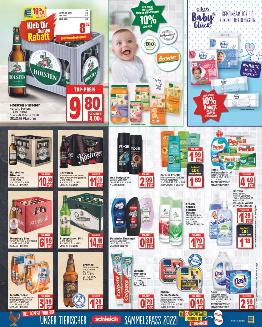 Aktueller Prospekt Edeka - Angebote der Woche - von 10.10 bis 15.10.2022 - strona 15 - produkty: alleinfuttermittel, arla, axe, beispielabbildung, bier, body, bodyspray, colgate, deka, duschdas, dusche, duschgel, eis, elle, flasche, Frosch, fructis, garnier, getränk, getränke, Hefe, holsten, holsten pilsener, köstritzer, LG, pastete, pils, pilsener, rum, Schal, Schale, schöfferhofer, shampoo, shampoo oder spülung, Softlan, spülung, Staropramen, steiner, Ti, vollwaschmittel, warsteiner, waschmittel, weichspüler