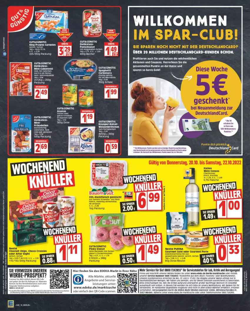 Aktueller Prospekt Edeka - Angebote der Woche - von 10.10 bis 15.10.2022 - strona 16 - produkty: ananas, angebot, angebote, auer, auto, Becher, Bona, brötchen, Cabanossi, coupon, coupons, deka, deutschland card, deutschlandcard, discount, eis, elle, erde, fleisch, fleischsalat, garnelen, gurke, gurken, küche, Küchen, LG, Liege, lion, papier, prawns, reis, rel, saft, salat, Schal, Schale, spaghetti, telefon, Ti, uhr, weizenbrötchen, ZTE