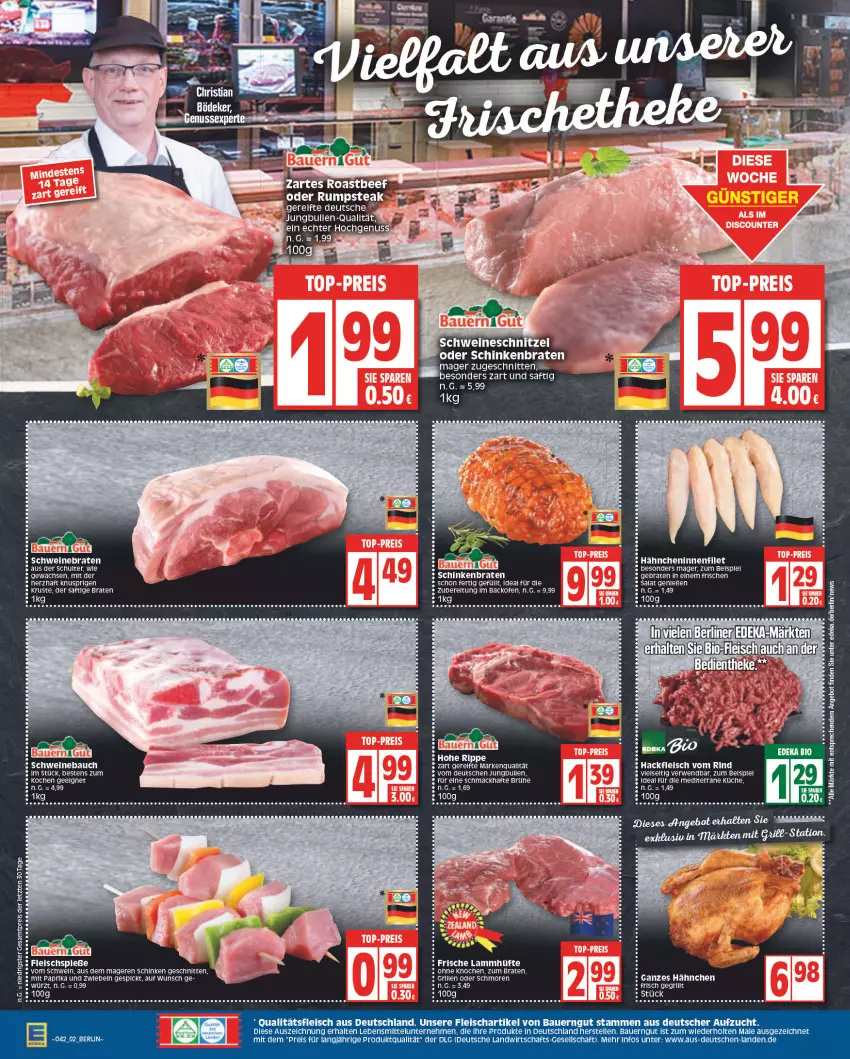 Aktueller Prospekt Edeka - Angebote der Woche - von 10.10 bis 15.10.2022 - strona 2 - produkty: angebot, auer, backofen, Bau, Bauer, bauerngut, berliner, bio, braten, deka, eier, eis, elle, ente, fleisch, Fleischspieße, grill, hackfleisch, jungbullen, küche, lebensmittel, LG, mit paprika, Ofen, paprika, reis, rind, rwe, saft, salat, schinken, schinkenbraten, schnitten, schnitzel, schwein, schweine, Schweinebauch, schweinebraten, schweineschnitzel, tee, Ti, wein, weine, ZTE, zwiebel, zwiebeln