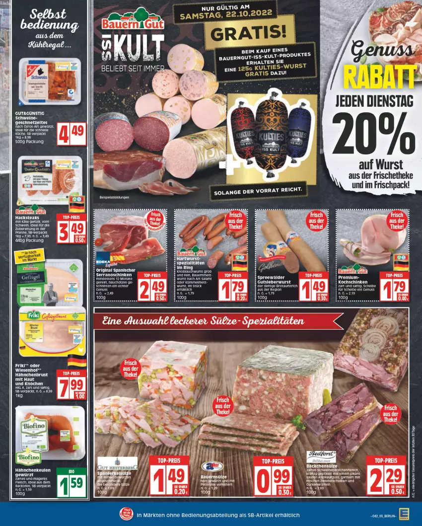 Aktueller Prospekt Edeka - Angebote der Woche - von 10.10 bis 15.10.2022 - strona 3 - produkty: auer, aufstrich, Bau, Bauer, bio, brot, brotaufstrich, eis, elle, ente, garnier, geschnetzeltes, gewürz, gyros, hähnchenbrust, HP, Käse, knoblauch, kochschinken, küche, Mett, nuss, pfanne, reis, rel, saft, schinken, schwein, schweine, serrano, spreewälder, steak, steaks, Ti, top-preis, wein, weine, wiesenhof, wurst, Zelt, ZTE, zwiebel