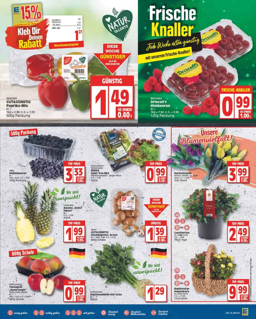 Aktueller Prospekt Edeka - Angebote der Woche - von 10.10 bis 15.10.2022 - strona 5 - produkty: ananas, ball, beere, beeren, braun, champignon, champignons, deka, eis, elle, heidelbeere, heidelbeeren, henkel, himbeer, himbeere, himbeeren, korb, paprika, reis, salat, Schal, Schale, Ti, topf, ZTE