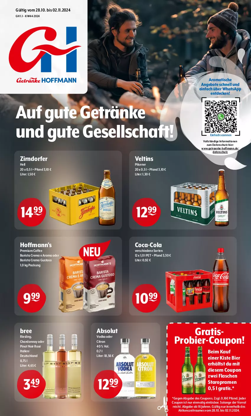 Aktueller Prospekt Getraenke Hoffmann - Prospekte - von 28.10 bis 02.11.2024 - strona 1 - produkty: Absolut Vodka, angebot, angebote, bier, bree, chardonnay, coca-cola, cola, coupon, coupons, decke, flasche, getränk, getränke, pils, pilsener, Pinot, pinot noir, riesling, Staropramen, Ti, tisch, veltins, vodka