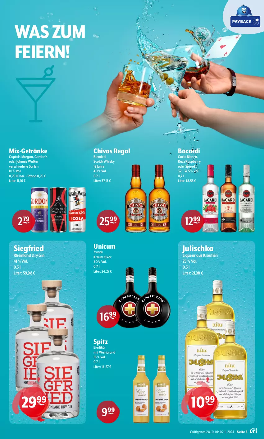 Aktueller Prospekt Getraenke Hoffmann - Prospekte - von 28.10 bis 02.11.2024 - strona 5 - produkty: bacardi, blended scotch, blended scotch whisky, Cap, captain morgan, dry gin, eier, eierlikör, getränk, getränke, gin, gordon, Gordon’s, johnnie walker, Julischka, kräuter, kräuterlikör, likör, liqueur, raspberry, regal, scotch, scotch whisky, Ti, Unicum, wein, weinbrand, whisky