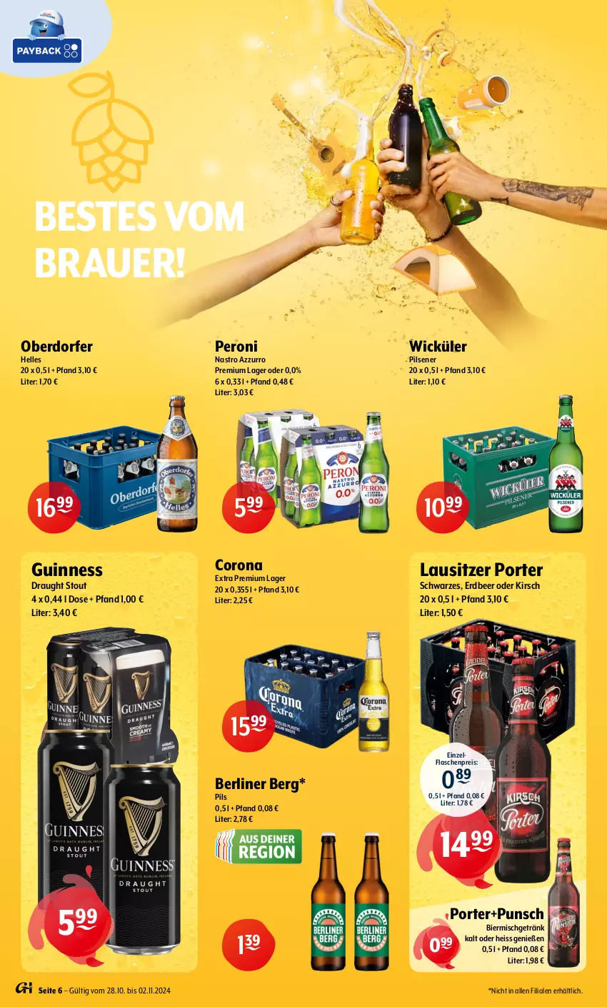 Aktueller Prospekt Getraenke Hoffmann - Prospekte - von 28.10 bis 02.11.2024 - strona 6 - produkty: auer, berliner, bier, corona, corona extra, eis, elle, flasche, getränk, Guinness, kirsch, Peroni, pils, pilsener, reis, Ti, WICK