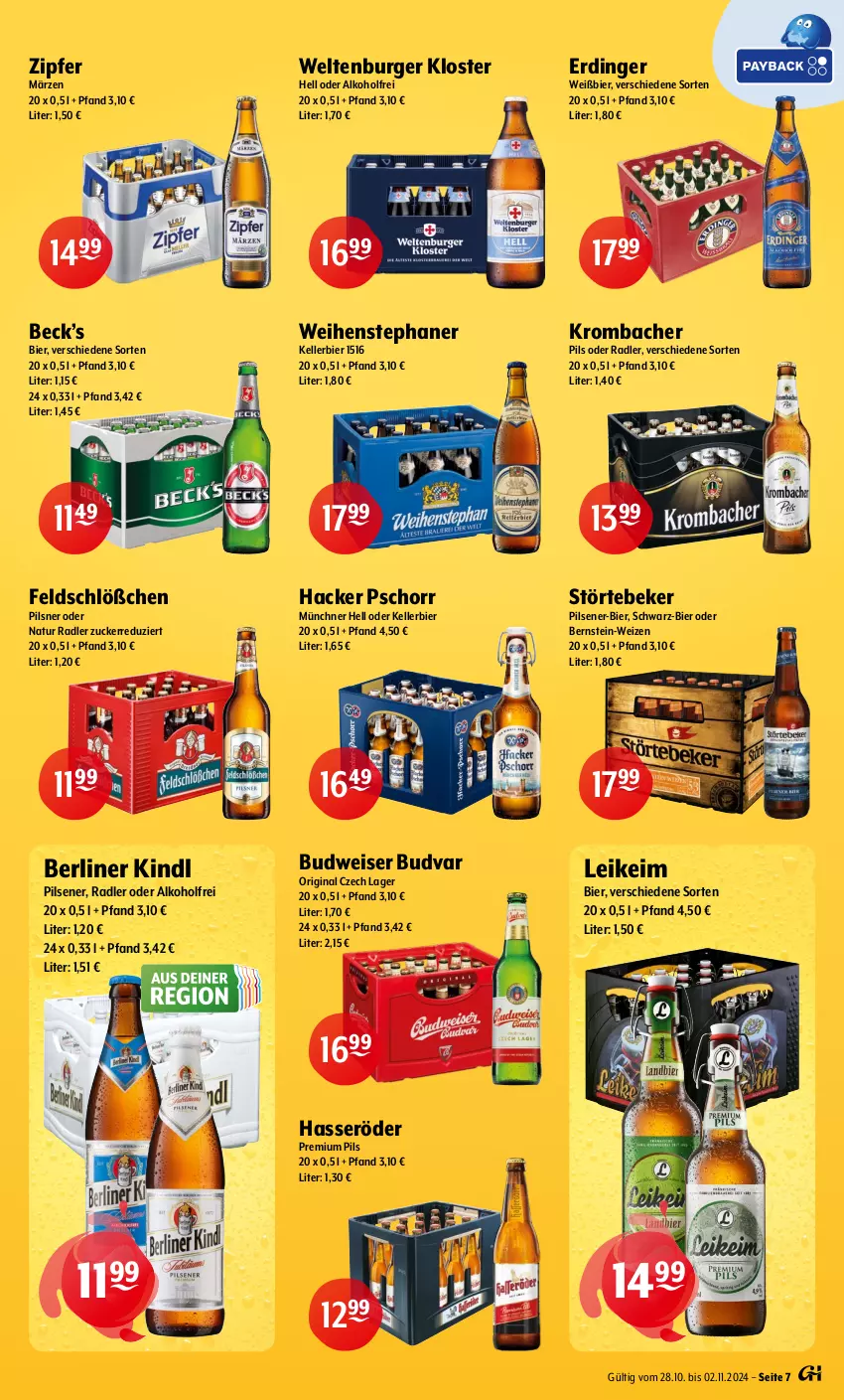 Aktueller Prospekt Getraenke Hoffmann - Prospekte - von 28.10 bis 02.11.2024 - strona 7 - produkty: alkohol, berliner, berliner kindl, bier, budweiser, burger, eis, elle, erdinger, gin, hacker pschorr, hasseröder, kellerbier, krombache, krombacher, krombacher pils, natur, natur radler, oder radler, pils, pilsener, pilsner, premium pils, radler, störtebeker, Ti, weihenstephan, Zipfer, zucker