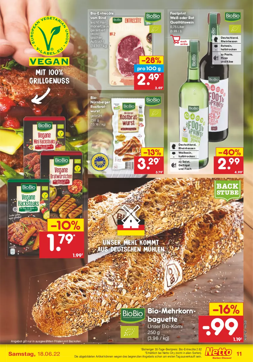 Aktueller Prospekt Netto Marken-Discount - Filial-Angebote - von 13.06 bis 18.06.2022 - strona 11 - produkty: angebot, backofen, baguette, Berger, bestpreis, bio, bratwurst, eis, entrecôte, fisch, Geflügel, grill, Käse, korn, LG, mehl, nürnberger, nuss, Ofen, pasta, pizza, qualitätswein, reis, rind, rostbratwurst, rotwein, salat, stube, Ti, wein, Weißwein, wurst, ZTE