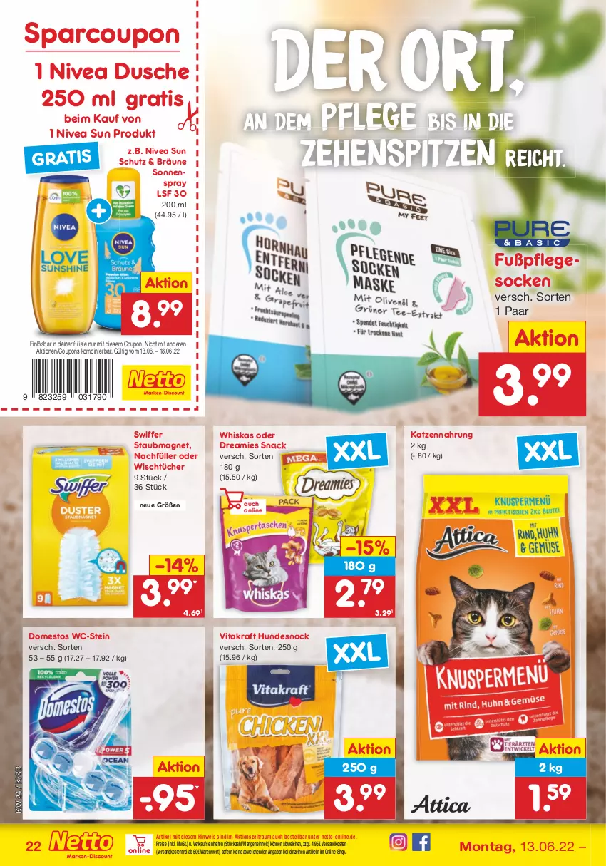 Aktueller Prospekt Netto Marken-Discount - Filial-Angebote - von 13.06 bis 18.06.2022 - strona 22 - produkty: coupon, coupons, domestos, dreamies, dusche, eis, hundesnack, katzennahrung, kraft, ndk, nivea, nivea sun, reis, snack, socken, sonnenspray, staubmagnet, swiffer, Ti, tücher, versandkostenfrei, vita, vitakraft, whiskas