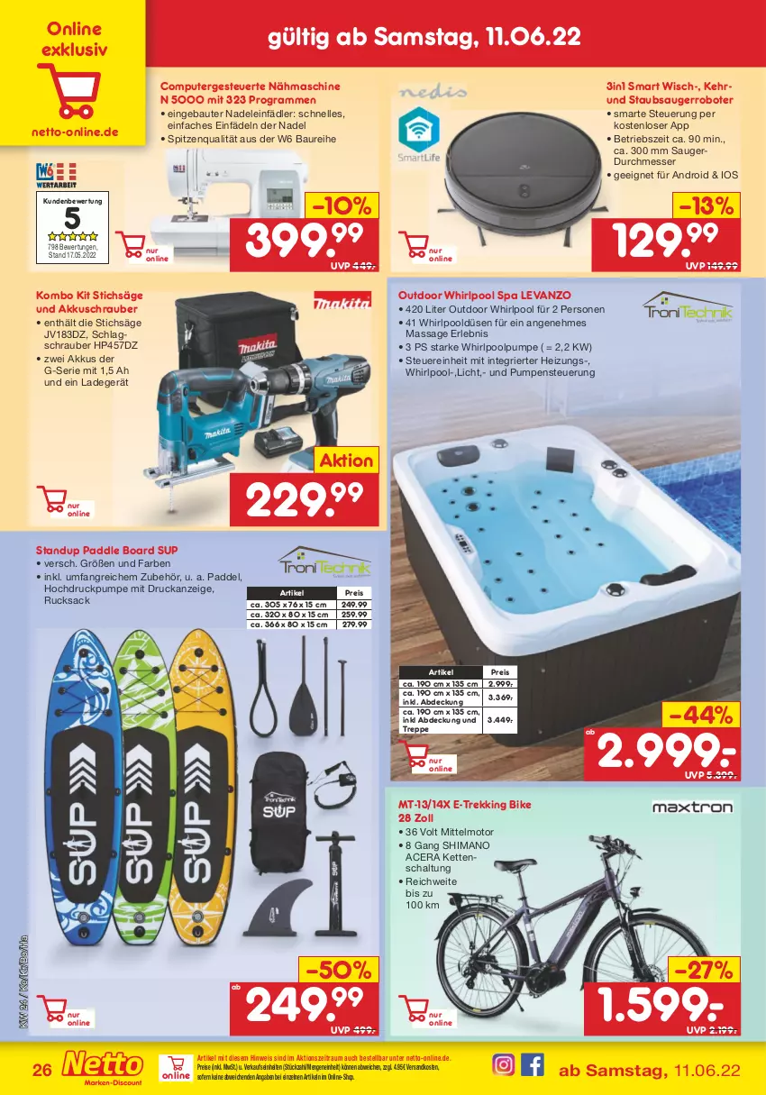 Aktueller Prospekt Netto Marken-Discount - Filial-Angebote - von 13.06 bis 18.06.2022 - strona 26 - produkty: acer, akku, akkuschrauber, Bau, computer, eis, elle, HP, Kette, ladegerät, messer, Nähmaschine, ndk, pool, pute, reis, rucksack, sac, säge, Schal, shimano, spitzenqualität, staubsauger, stichsäge, Ti, Whirlpool