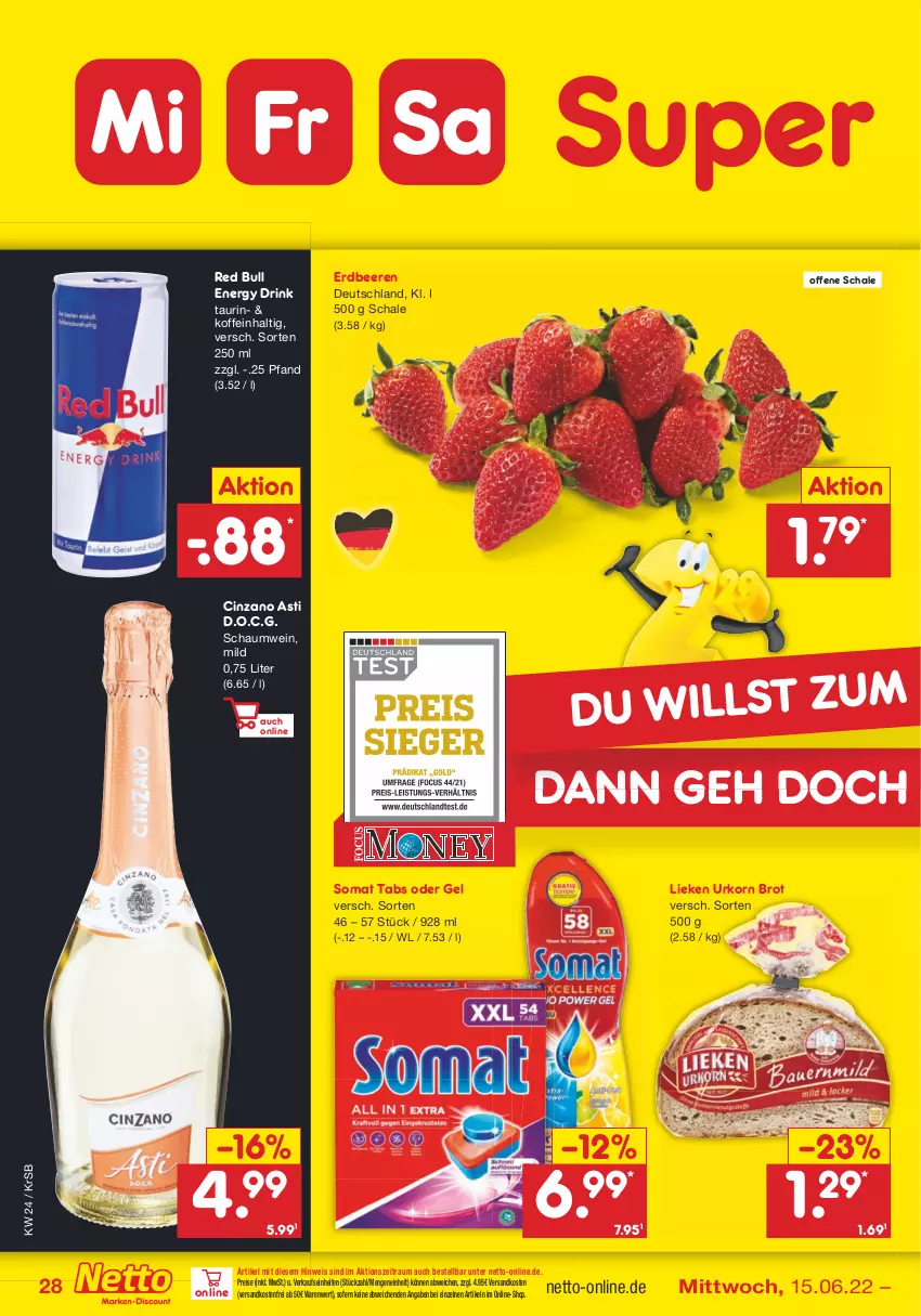 Aktueller Prospekt Netto Marken-Discount - Filial-Angebote - von 13.06 bis 18.06.2022 - strona 28 - produkty: asti, beere, beeren, brot, cin, cinzano, Cinzano Asti, drink, eis, energy drink, erdbeere, erdbeeren, korn, lieken, ndk, red bull, reis, Schal, Schale, somat, Ti, urkorn, versandkostenfrei, wein