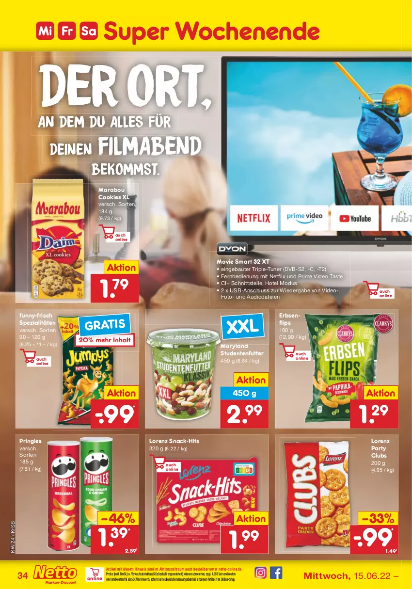 Aktueller Prospekt Netto Marken-Discount - Filial-Angebote - von 13.06 bis 18.06.2022 - strona 34 - produkty: Bau, beko, cookie, cookies, deo, dvb, dvb-s2, eis, elle, ente, erbsen, fernbedienung, funny-frisch, lorenz, mab, Marabou, ndk, netflix, pringles, reis, ring, senf, snack, Spezi, studentenfutter, Ti, tuner, usb, versandkostenfrei