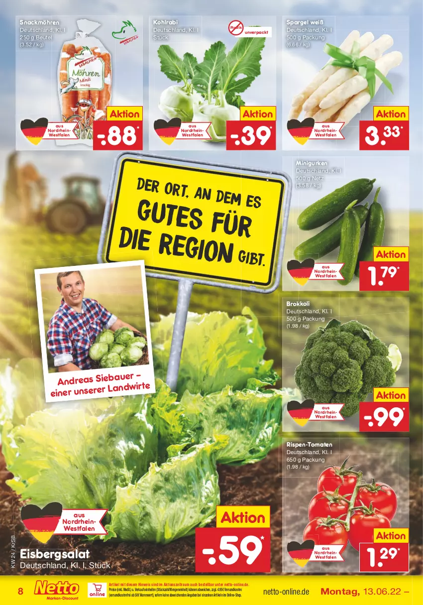 Aktueller Prospekt Netto Marken-Discount - Filial-Angebote - von 13.06 bis 18.06.2022 - strona 8 - produkty: asti, beutel, brokkoli, eis, eisbergsalat, gurke, gurken, kohlrabi, möhren, ndk, reis, salat, snack, spargel, Ti, tomate, tomaten, versandkostenfrei