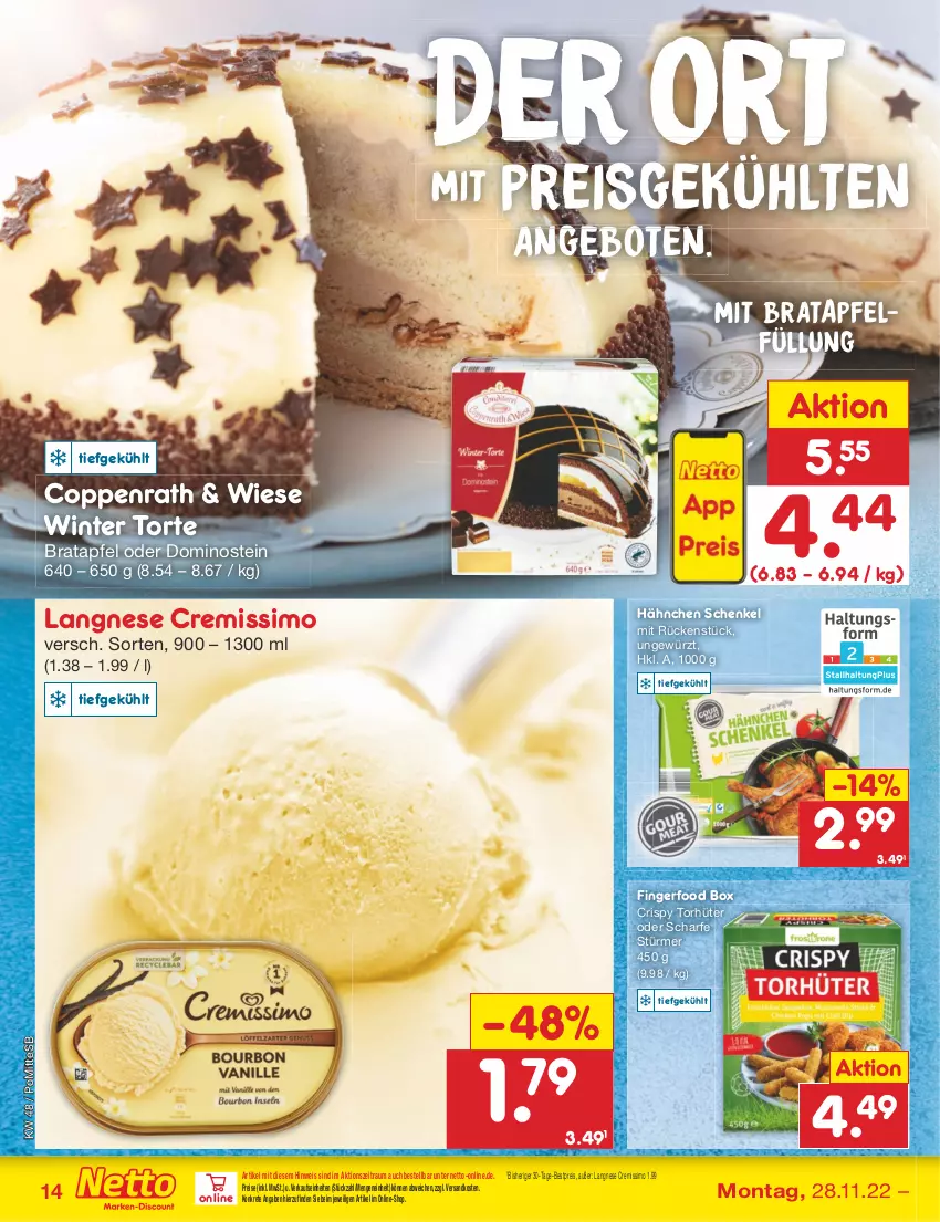 Aktueller Prospekt Netto Marken-Discount - Filial-Angebote - von 28.11 bis 03.12.2022 - strona 16 - produkty: angebot, angebote, apfel, bestpreis, coppenrath, cremissimo, eis, gewürz, henkel, langnese, langnese cremissimo, ndk, reis, schenkel, sim, Ti, torte