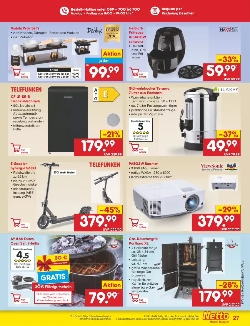 Aktueller Prospekt Netto Marken-Discount - Filial-Angebote - von 28.11 bis 03.12.2022 - strona 29 - produkty: abtauautomatik, angebot, auto, beleuchtung, braten, edelstahl, eis, fritteuse, Glühwein, grill, grillfläche, grillrost, gutschein, Heißluftfritteuse, Kamin, Kocher, kühlschrank, LG, Ofen, reis, Schal, Schale, Schrank, scooter, telefon, Ti, tisch, uhr, wasser, wein, wok, ZTE