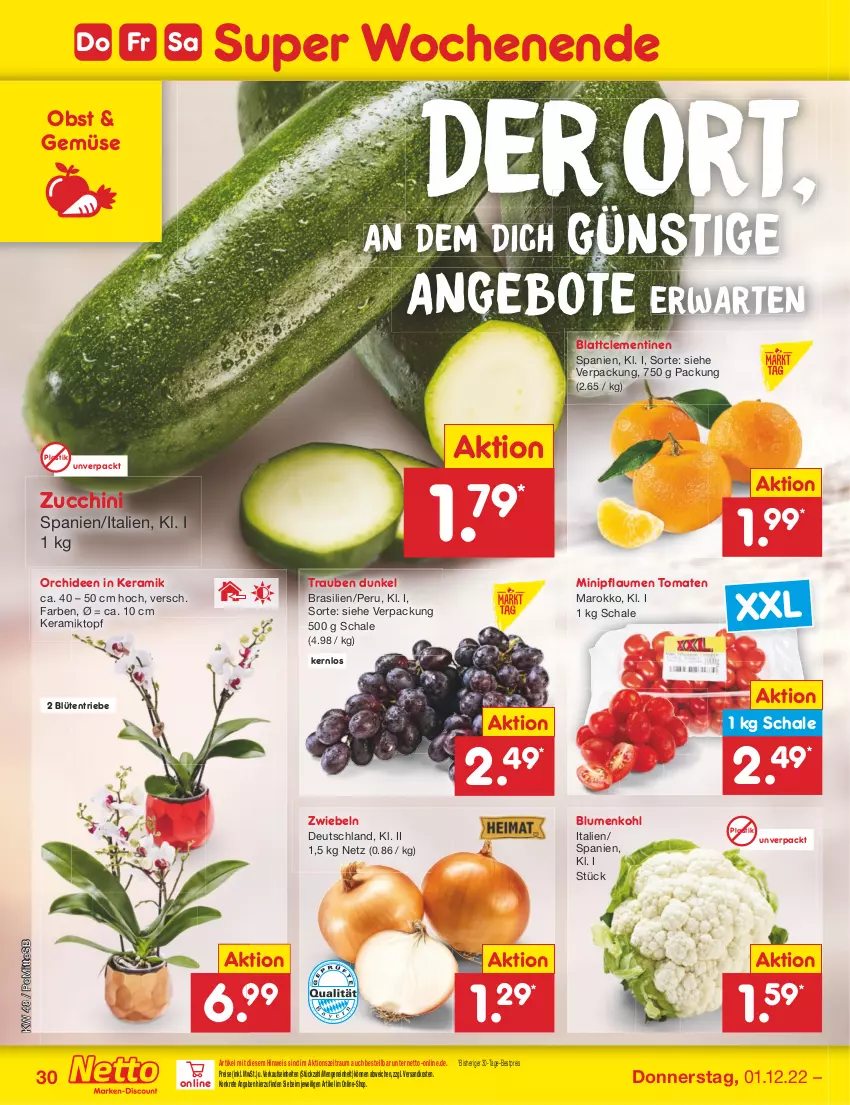 Aktueller Prospekt Netto Marken-Discount - Filial-Angebote - von 28.11 bis 03.12.2022 - strona 32 - produkty: angebot, angebote, asti, bestpreis, Blattclementinen, blume, blumen, blumenkohl, Blüte, clementinen, eis, ndk, obst, orchidee, orchideen, pflaume, pflaumen, reis, Schal, Schale, Ti, tomate, tomaten, topf, trauben, zucchini, zwiebel, zwiebeln