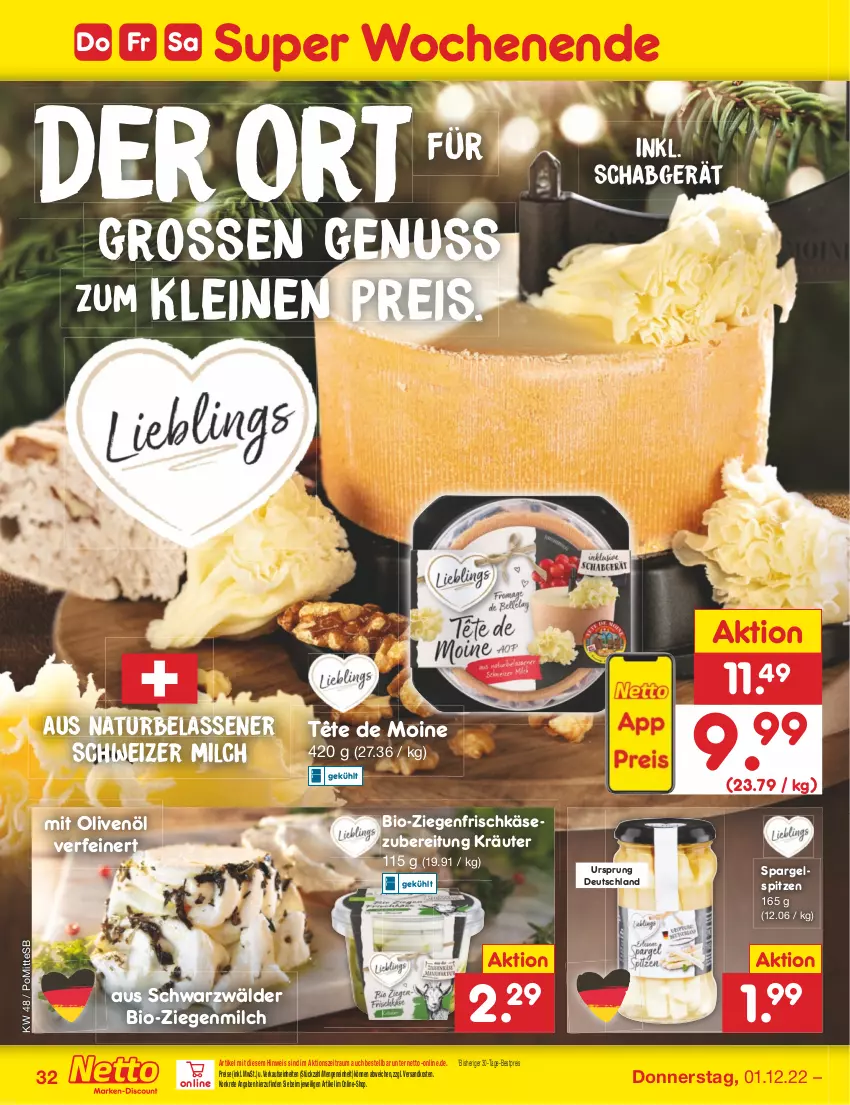 Aktueller Prospekt Netto Marken-Discount - Filial-Angebote - von 28.11 bis 03.12.2022 - strona 34 - produkty: bestpreis, bio, eis, frischkäse, frischkäsezubereitung, Käse, kräuter, leine, milch, natur, ndk, nuss, olive, oliven, olivenöl, reis, spargel, Tête de Moine, Ti, ziegenfrischkäse