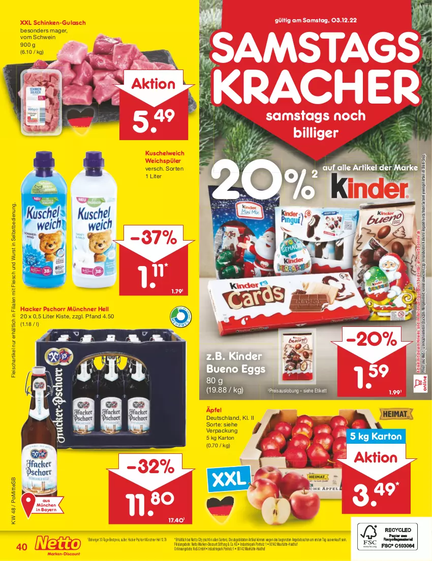 Aktueller Prospekt Netto Marken-Discount - Filial-Angebote - von 28.11 bis 03.12.2022 - strona 42 - produkty: angebot, angebote, bestpreis, discount, eis, fleisch, gulasch, hacker pschorr, Holz, Kinder, kinder bueno, kracher, Kuschelweich, marken-discount, ndk, reis, schinken, schwein, Ti, weichspüler, wein, wurst, wurst in selbstbedienung, ZTE