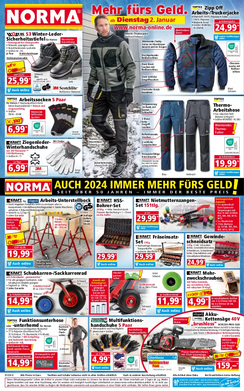 Aktueller Prospekt Norma - Norma - von 02.01 bis 09.01.2023 - strona 1 - produkty: adapter, akku, Arbeitssocken, asti, auto, Bau, baumwolle, Bebe, Blasebalg, Bohrer-Set, bürste, bürsten, dell, eis, elle, ente, gin, gsw, handschuhe, hemd, hose, Jacke, Kette, koffer, kraft, lack, ladegerät, Laufen, LG, messer, Mode, ndk, passend für alle, reifen, reis, Ria, rum, sac, säge, schrauben, Schraubendreher, schuhe, socken, Spiele, Sport, Tasche, taschen, tee, Ti, Tiere, Tipi, tisch, Unterhemd, weck, werkzeug, wolle, Zangen