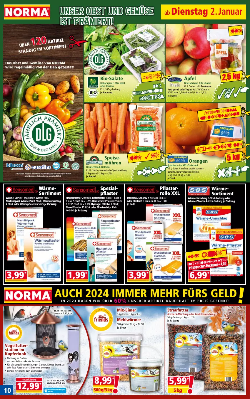 Aktueller Prospekt Norma - Norma - von 02.01 bis 09.01.2023 - strona 10 - produkty: asti, auer, beutel, bio, cola, Datteln, eimer, eis, erde, erdnüsse, früchte, Garten, jonagored, LG, mehl, möhren, navelina, nuss, obst, Obst und Gemüse, orange, orangen, pflaster, reis, rucola, sac, salat, salate, sekt, speisemöhren, Spezi, spinat, Streufutter, tesa, Ti, tiefpreis, tisch, und gemüse, Vogelfutter, weck