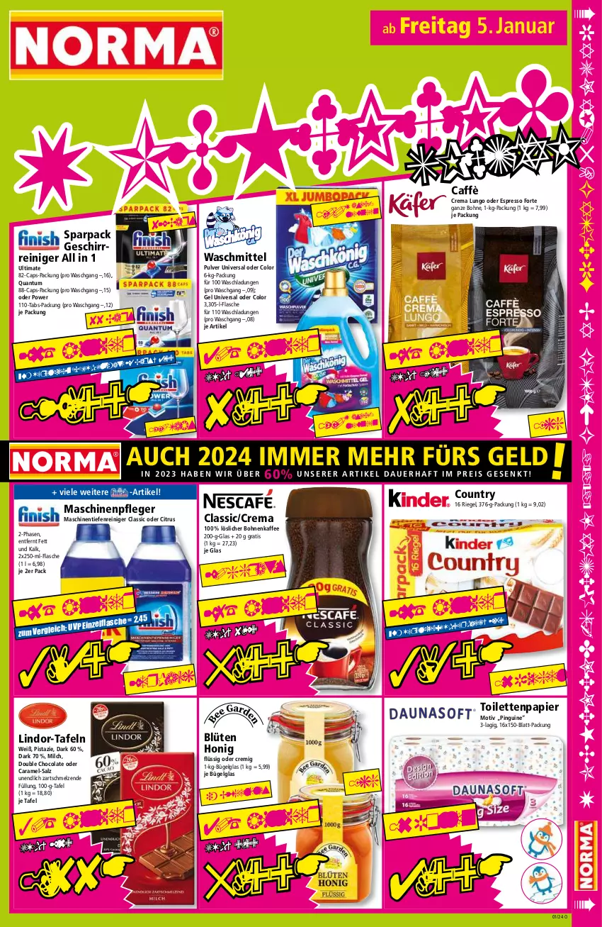 Aktueller Prospekt Norma - Norma - von 02.01 bis 09.01.2023 - strona 15 - produkty: auer, Blüte, bohne, bohnen, bohnenkaffee, bügel, Cap, caramel, citrus, cola, eis, espresso, flasche, geschirr, honig, kaffee, LG, lindor, löslicher bohnenkaffee, lungo, Maschinenpfleger, milch, oder espresso, papier, pingui, reiniger, reis, riegel, salz, Ti, toilettenpapier, waschmittel