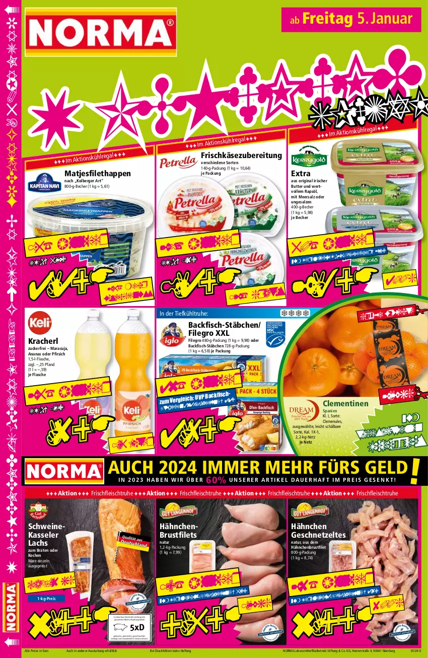 Aktueller Prospekt Norma - Norma - von 02.01 bis 09.01.2023 - strona 16 - produkty: ananas, auer, backfisch, Becher, Berger, braten, brustfilet, butter, clementinen, eis, filegro, filet, filets, fisch, flasche, fleisch, frischkäse, frischkäsezubereitung, geschnetzeltes, gin, hähnchenbrust, hähnchenbrustfilet, Käse, kasseler, kracher, lachs, lebensmittel, maracuja, matjes, Matjesfilet, meersalz, natur, pfirsich, rapsöl, regal, reis, salz, schwein, schweine, Ti, tiefpreis, wein, weine, Zelt, zucker