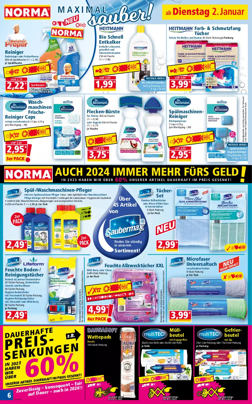 Aktueller Prospekt Norma - Norma - von 02.01 bis 09.01.2023 - strona 6 - produkty: Allzwecktücher, apfel, auer, Bad, bambus, basilikum, beutel, bio, biozidprodukte, Bodentücher, bonita, bürste, Cap, citrus, eis, entkalker, fenster, flasche, gefrierbeutel, hygiene-reiniger, laminat, lebensmittel, limette, maschinenreiniger, Mett, müllbeutel, Rauch, reiniger, Reinigung, reinigungstücher, reis, rwe, Schere, sprühflasche, spülmaschinen, teppich, Ti, tragegriff, tuc, tücher, waschmaschine, waschmaschinen, waschmittel, wattepads, weck, Wild, wild berry