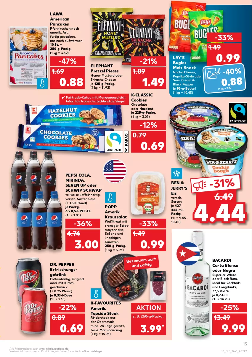 Aktueller Prospekt Kaufland - von 14.04 bis 20.04.2022 - strona 13 - produkty: angebot, angebote, bacardi, beutel, bugles, cocktail, cocktails, cola, cookie, cookies, drink, drinks, eis, elle, erfrischungsgetränk, geback, getränk, gin, honey mustard, kakao, karotten, kirsch, Kraut, krautsalat, kuchen, lack, lay's, mac, mais, mayonnaise, Mirinda, nacho, nacho cheese, paprika, pepsi, Pepsi Cola, Pfannkuchen, Popp, Pretzel, rind, rinder, Rindersteak, rum, salat, Schal, Schale, Schwip Schwap, snack, sour cream, Sriracha, steak, Ti, Yo