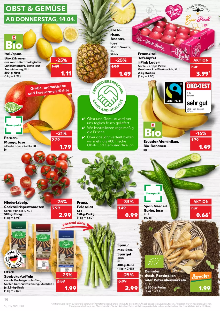 Aktueller Prospekt Kaufland - von 14.04 bis 20.04.2022 - strona 14 - produkty: ananas, angebot, asti, banane, bananen, bio, bio-bananen, bio-zitronen, cocktail, eis, feldsalat, früchte, gurke, kartoffel, kartoffeln, LG, mac, mango, obst, Obst und Gemüse, petersilie, Pink Lady, rispentomaten, sac, salat, spargel, tafeläpfel, Ti, tisch, tomate, tomaten, trolli, und gemüse, zitrone, zitronen, ZTE