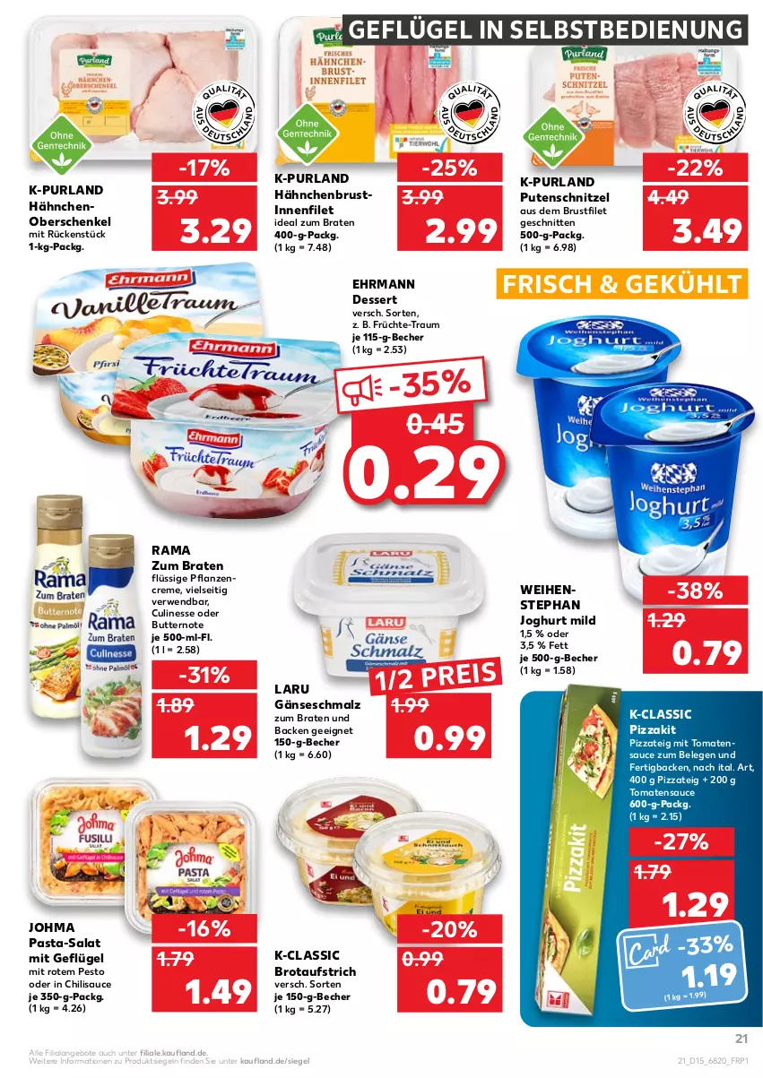 Aktueller Prospekt Kaufland - von 14.04 bis 20.04.2022 - strona 21 - produkty: angebot, angebote, aufstrich, Becher, braten, brot, brotaufstrich, brustfilet, butter, chili, creme, culinesse, dessert, ehrmann, eis, filet, früchte, Geflügel, hähnchenbrust, henkel, ideal zum braten, joghur, joghurt, joghurt mild, malz, pasta, pesto, pflanze, pflanzen, pflanzencreme, pizza, Pizzateig, purland, pute, putenschnitzel, rama, reis, rwe, salat, sauce, schenkel, Schmalz, schnitten, schnitzel, Ti, tomate, tomaten, tomatensauce, weihenstephan