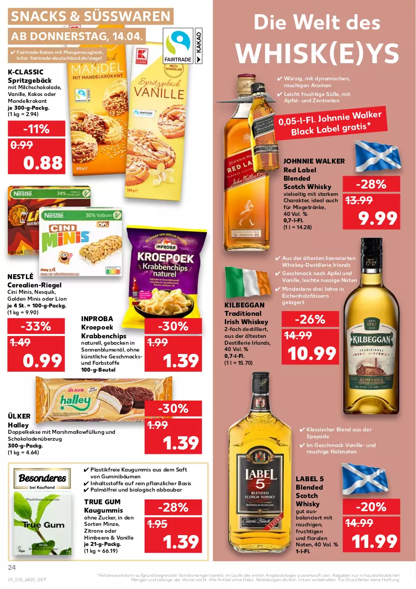 Aktueller Prospekt Kaufland - von 14.04 bis 20.04.2022 - strona 24 - produkty: Abba, angebot, apfel, asti, Bau, beere, beutel, bio, black label, blended scotch, blended scotch whisky, blume, blumen, blumenöl, cerealien, chips, cin, Doppelkekse, frucht, getränk, getränke, himbeer, himbeere, Holz, irish whiskey, johnnie walker, kakao, kaugummi, keks, kekse, kilbeggan, kokos, lack, lion, mac, mandel, mars, milch, minze, Mixgetränk, natur, nesquik, nestlé, nuss, Rauch, rel, riegel, roba, saft, schoko, schokolade, schokoladen, scotch, scotch whisky, snack, snacks, Spritzgebäck, süsswaren, Ti, vanille, whiskey, whisky, zitrone, ZTE, zucker