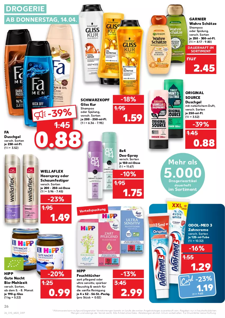 Aktueller Prospekt Kaufland - von 14.04 bis 20.04.2022 - strona 26 - produkty: angebot, auer, bio, creme, deo, duschgel, fa duschgel, feuchttücher, garnier, gin, gliss, gliss kur, haarspray, hipp, oder schaumfestiger, Odol, Odol-med 3, Reinigung, schaumfestiger, schwarzkop, schwarzkopf, shampoo, shampoo oder spülung, spülung, Ti, tücher, Wahre Schätze, Wella, wellaflex, zahncreme, ZTE