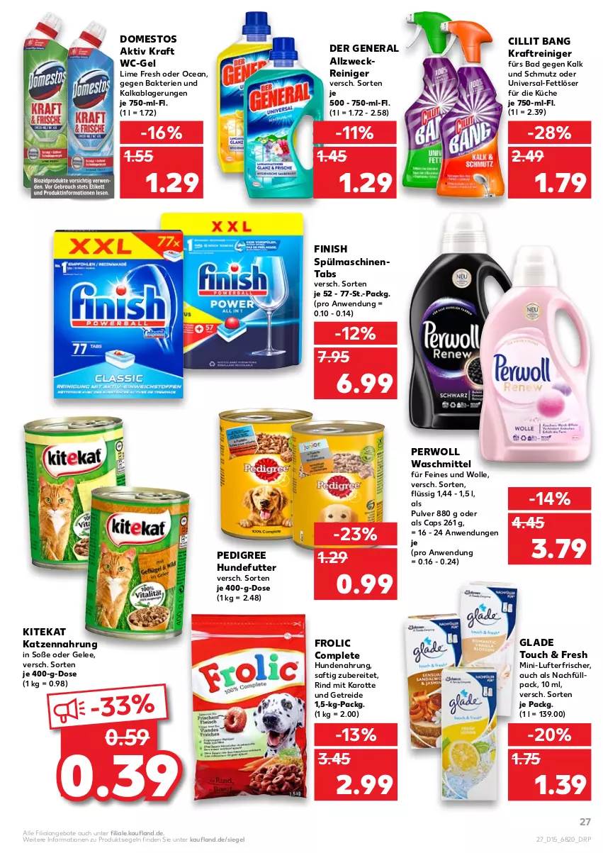 Aktueller Prospekt Kaufland - von 14.04 bis 20.04.2022 - strona 27 - produkty: allzweckreiniger, angebot, angebote, Bad, Cap, Cillit, cillit bang, domestos, Fettlöser, Finish, frolic, gelee, Glade, hundenahrung, katzennahrung, kitekat, kraft, küche, lufterfrischer, pedigree, perwoll, reiniger, rind, saft, Soße, spülmaschinen, spülmaschinentabs, Ti, waschmittel, wc-gel, weck, wolle