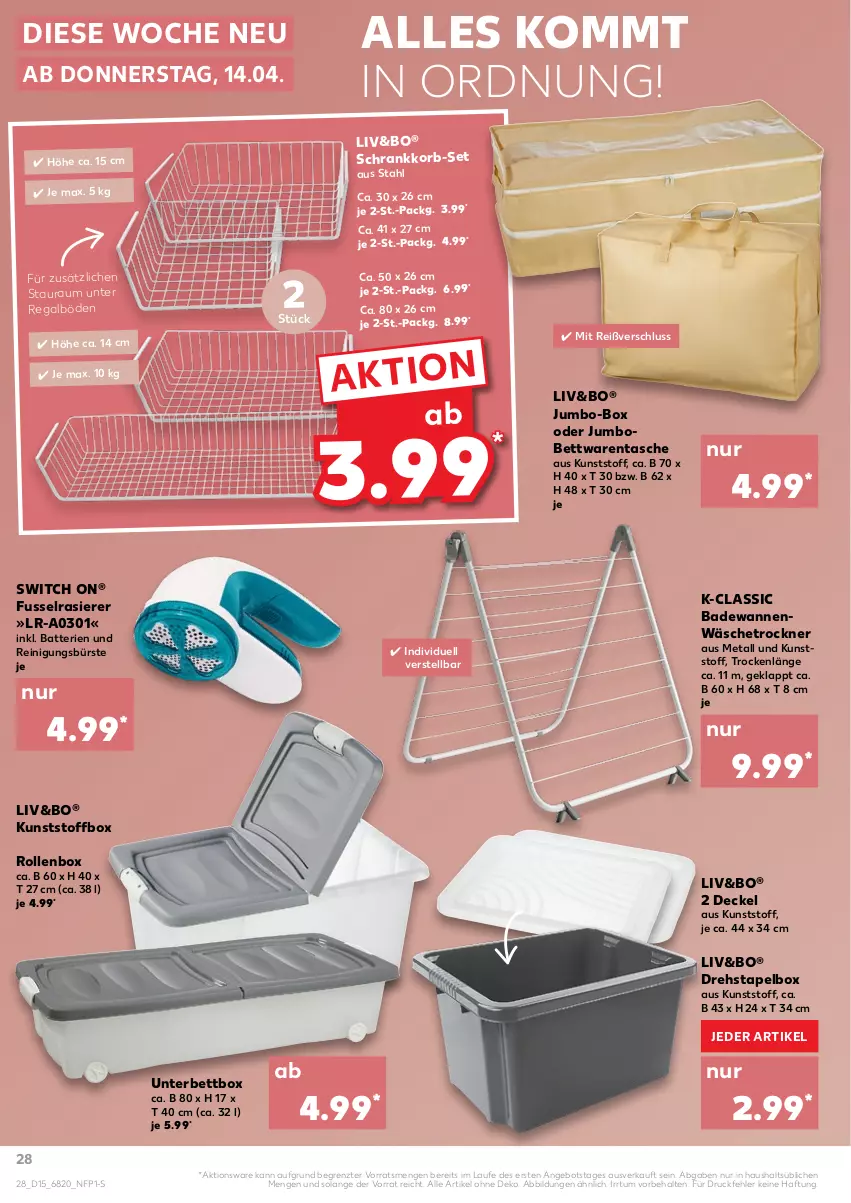 Aktueller Prospekt Kaufland - von 14.04 bis 20.04.2022 - strona 28 - produkty: angebot, Bad, Badewanne, batterie, batterien, bett, bürste, decke, Deckel, jumbo, korb, rasierer, regal, Reinigung, reinigungsbürste, Rollenbox, Schrank, Tasche, Ti, Trockner, Wanne, wäschetrockner, ZTE