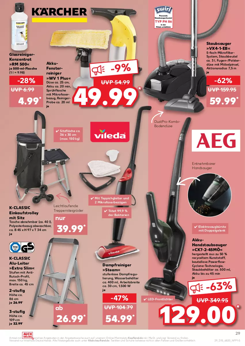 Aktueller Prospekt Kaufland - von 14.04 bis 20.04.2022 - strona 29 - produkty: akku, angebot, angebote, Behälter, beutel, Brei, bürste, dampfreiniger, eis, Elektro, fenster, flasche, Glasreiniger, handstaubsauger, je 500-ml-flasche, Laufen, LG, mikrofaser, möbel, Pinsel, reiniger, schuhe, sprühflasche, staubbeutel, staubsauger, Tasche, teppich, Ti, trolley, wasser