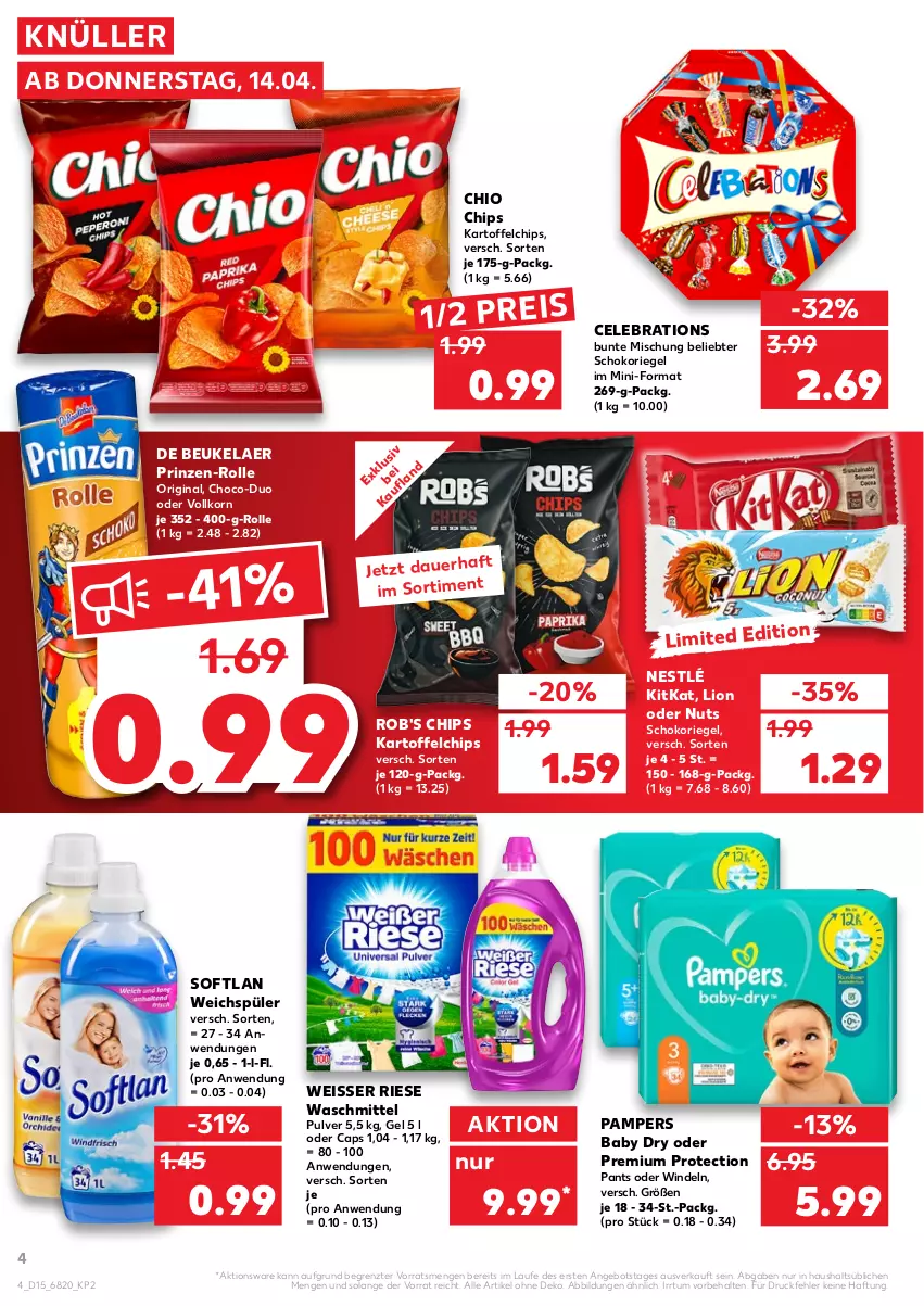 Aktueller Prospekt Kaufland - von 14.04 bis 20.04.2022 - strona 4 - produkty: angebot, auer, Cap, chio chips, chips, de beukelaer, eis, gin, kartoffel, kartoffelchips, kitkat, korn, lion, nestlé, pampers, pampers baby dry, Pants, reis, riegel, schoko, schokoriegel, Softlan, Ti, waschmittel, weichspüler, Weisser Riese, windeln, ZTE