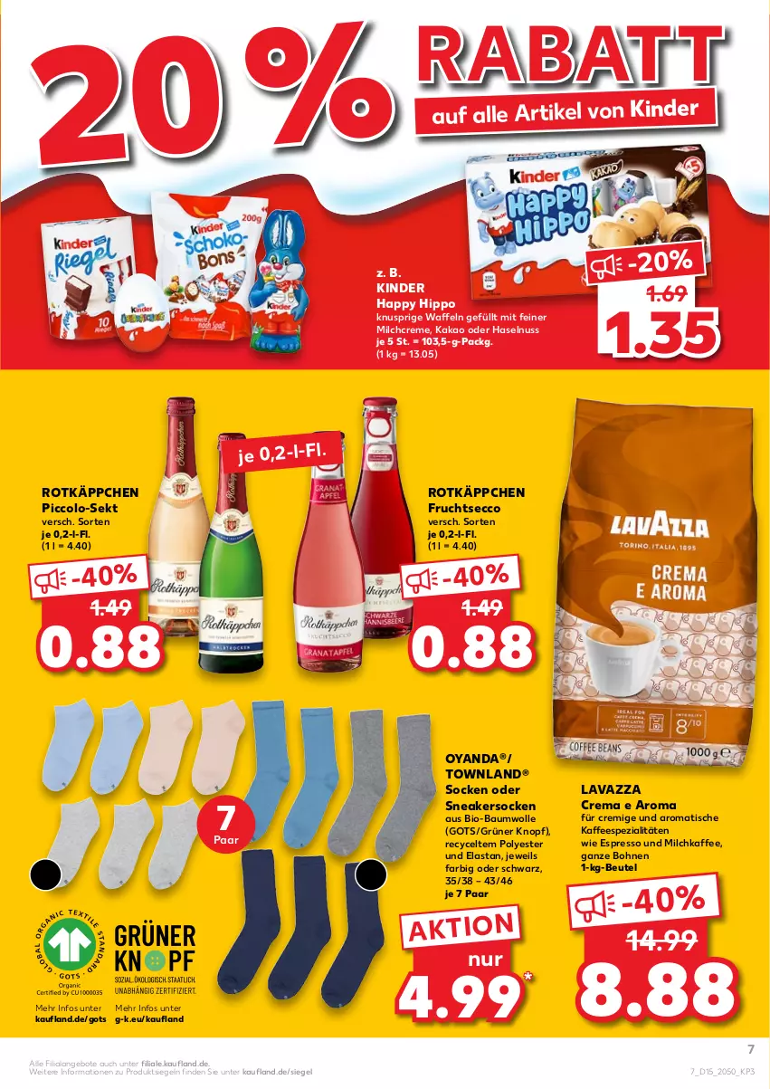 Aktueller Prospekt Kaufland - von 14.04 bis 20.04.2022 - strona 7 - produkty: angebot, angebote, Bau, baumwolle, beutel, bio, bio-baumwolle, bohne, bohnen, creme, ecco, espresso, frucht, fruchtsecco, haselnuss, hipp, kaffee, kaffeespezialitäten, kakao, Kinder, lavazza, milch, nuss, rotkäppchen, sekt, sneaker, sneakersocken, socken, Spezi, Ti, tisch, waffeln, wolle