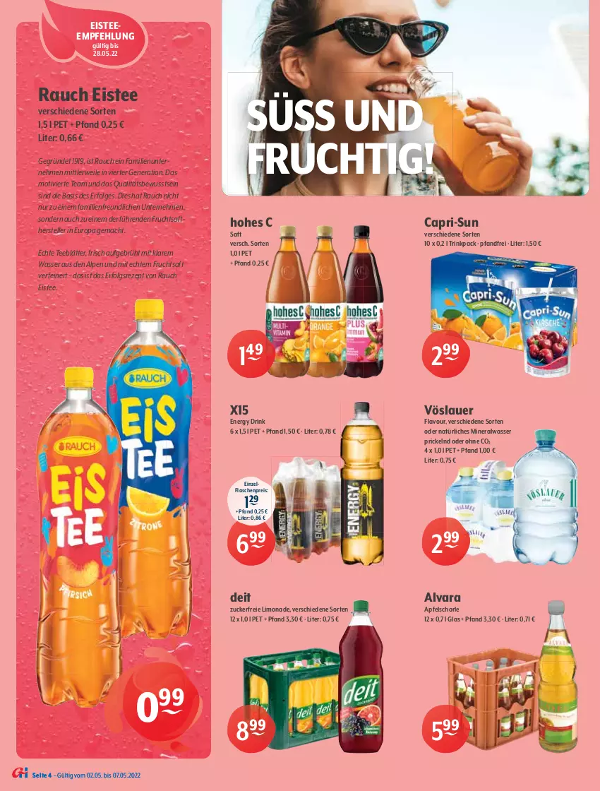 Aktueller Prospekt Getraenke Hoffmann - Prospekte - von 02.05 bis 07.05.2022 - strona 4 - produkty: Alwa, apfel, Apfelschorle, auer, Cap, capri-sun, coca-cola, cola, deit, drink, eis, eistee, elle, energy drink, flasche, frucht, fruchtsaft, fuze tea, gin, Hohes C, LG, limo, limonade, mac, mineralwasser, monster, Monster Energy, natürliches mineralwasser, pfirsich, Rauch, reis, rezept, rwe, saft, schorle, schwarzer tee, tee, teller, Ti, vöslauer, wasser, zitrone, zucker