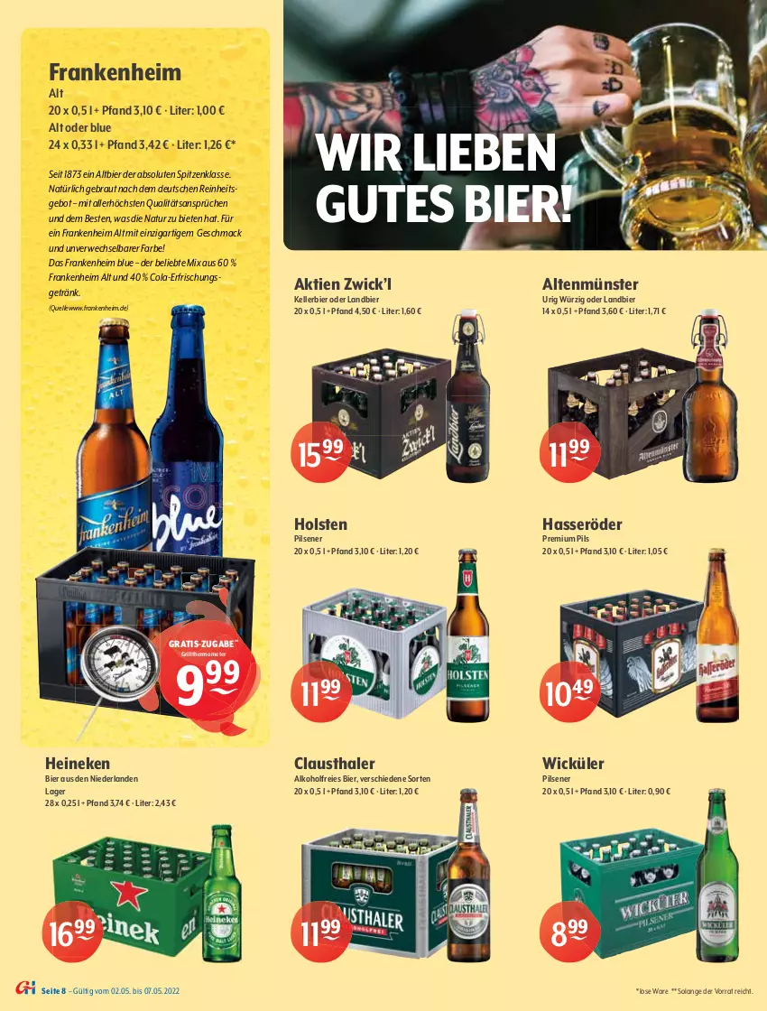 Aktueller Prospekt Getraenke Hoffmann - Prospekte - von 02.05 bis 07.05.2022 - strona 8 - produkty: alkohol, Altenmünster, aust, Berger, bier, Biere, Bundaberg, clausthaler, cola, eis, elle, erde, erfrischungsgetränk, Fahrrad, getränk, getränke, gewinnspiel, gin, ginger, grill, hasseröder, heineken, holsten, holsten pilsener, kellerbier, könig pilsener, krombache, krombacher, krombacher pils, LG, mac, natur, oder radler, orange, pils, pilsener, premium pils, radeberger, radler, rwe, Spiele, thermometer, Ti, veltins, veltins pilsener, weck, WICK