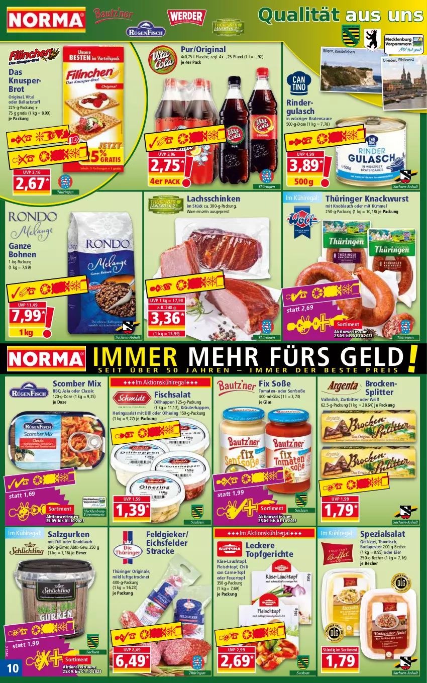 Aktueller Prospekt Norma - Norma - von 25.09 bis 02.10.2023 - strona 10 - produkty: ball, Becher, bohne, bohnen, braten, Brock, brot, chili, eier, eimer, eis, fisch, flasche, fleisch, Fleischtopf, Geflügel, gin, gulasch, gurke, gurken, hering, Herings, Käse, knoblauch, kräuter, Kreide, kühlregal, lachs, lachsschinken, lorenz, milch, mit knoblauch, regal, reis, rind, rinder, rindergulasch, ring, salat, salz, sauce, schinken, senf, Senfsoße, Soße, Spezi, thunfisch, Ti, tomate, tomaten, topf, vita, vollmilch, wurst