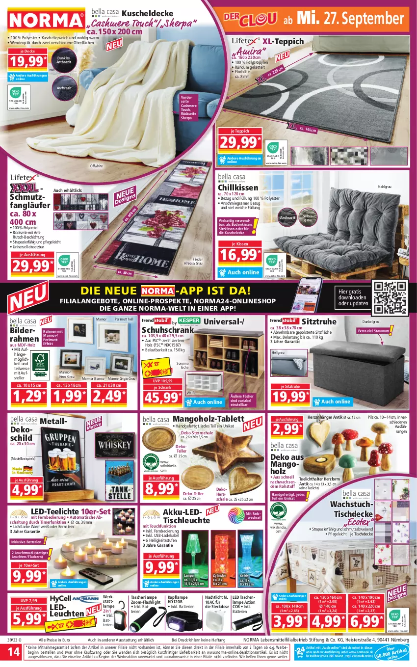 Aktueller Prospekt Norma - Norma - von 25.09 bis 02.10.2023 - strona 14 - produkty: akku, angebot, angebote, Anhänger, auto, batterie, batterien, Bebe, bilderrahmen, cashmere, decke, deka, dell, deo, eis, elle, fernbedienung, flieder, gin, Holz, Kette, kissen, kuscheldecke, lack, Lacke, ladekabel, Lampe, Läufer, lebensmittel, Leuchte, leuchten, LG, mam, mango, mit fernbedienung, Mode, Nachtlicht, ndk, nero, reis, Ria, rwe, Schal, Schale, Schrank, schuhschrank, sitzkissen, Sitztruhe, sonoma eiche, Spiele, steckdose, tablet, tablett, Tasche, taschen, taschenlampe, tee, Teelicht, teelichte, teelichthalter, teller, teppich, Ti, timer, tisch, tischdecke, tischleuchte, tuc, usb, wachstuch